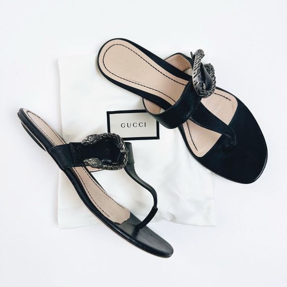 Gucci Shoes - GUCCI Dionysus Black Sandal 38.5 US 8.5 Flat Flip Flop Leather T-Strap Flat GG